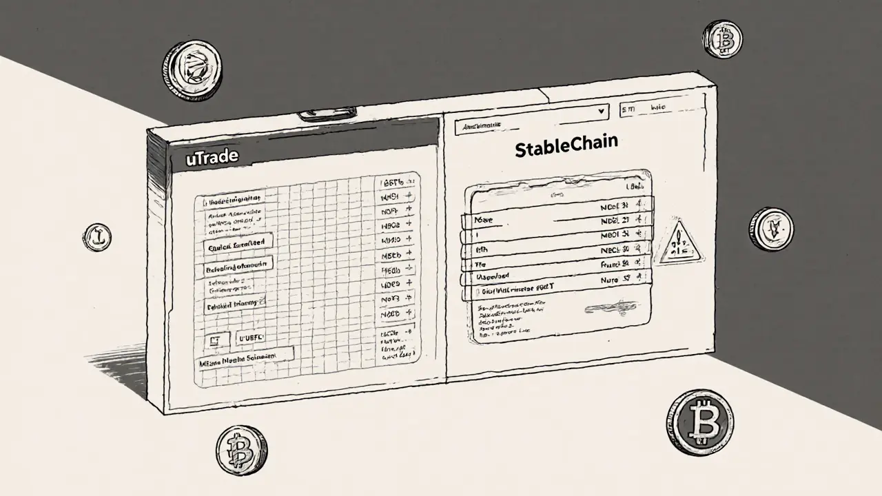 Dual-panel prototype of uTrade and Stablechain, with floating tokens and network warning symbols in technical sketch style.