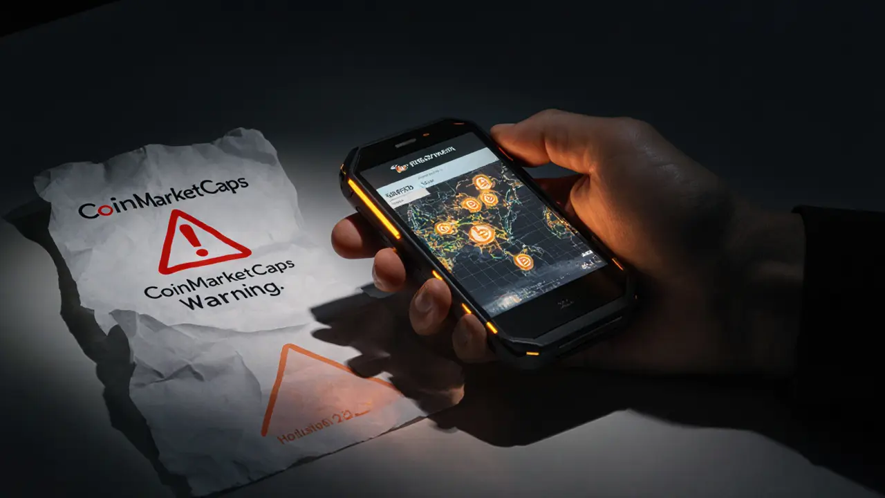 Handheld DeFi navigator displaying a low-liquidity blockchain map, resting on a desk with a delisting warning.