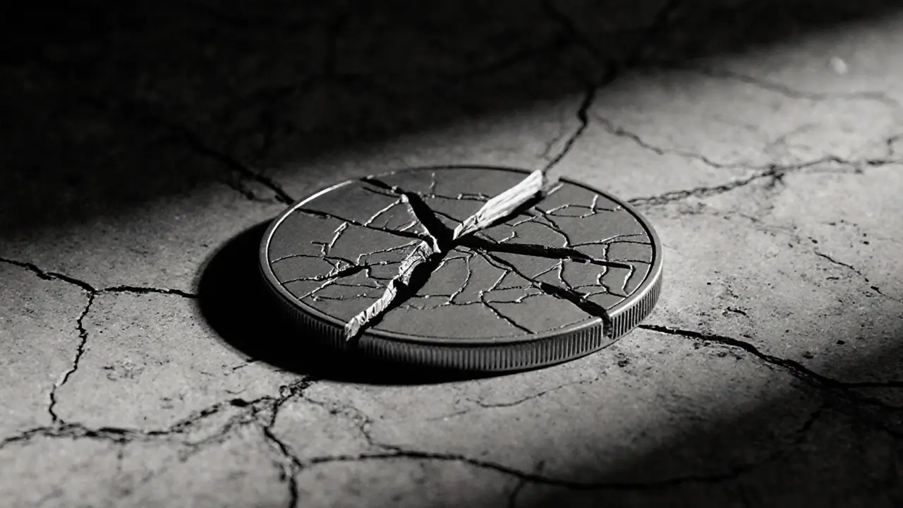 Cracked crypto token symbolizing instability in design sketch