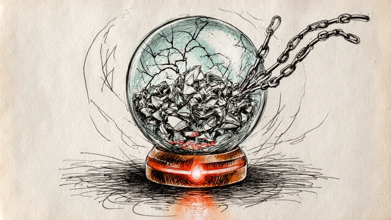 Cracked glass sphere with swirling shards and warning LED, illustrating crypto risk.