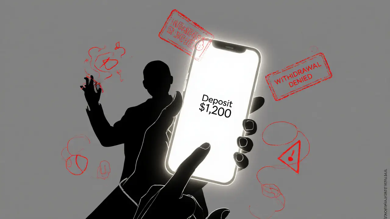 Hand reaching for a phone with deposit prompt while a denial stamp looms in shadow.