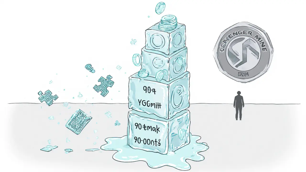 Illustration of melting ice blocks turning into token shards and puzzle pieces representing vesting phases.