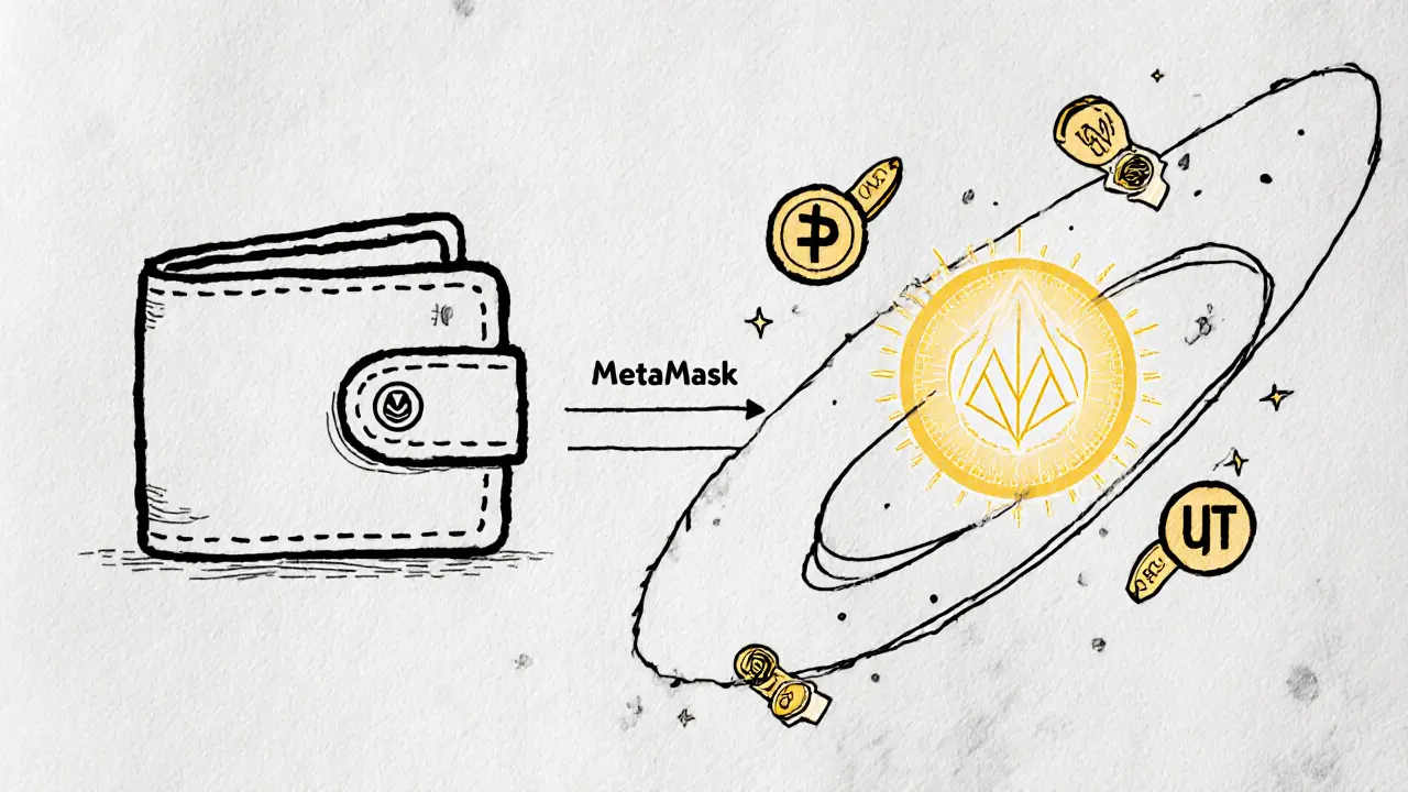 Linear sketch showing wallet connection to Mantle Network with floating crypto tokens in orbit.