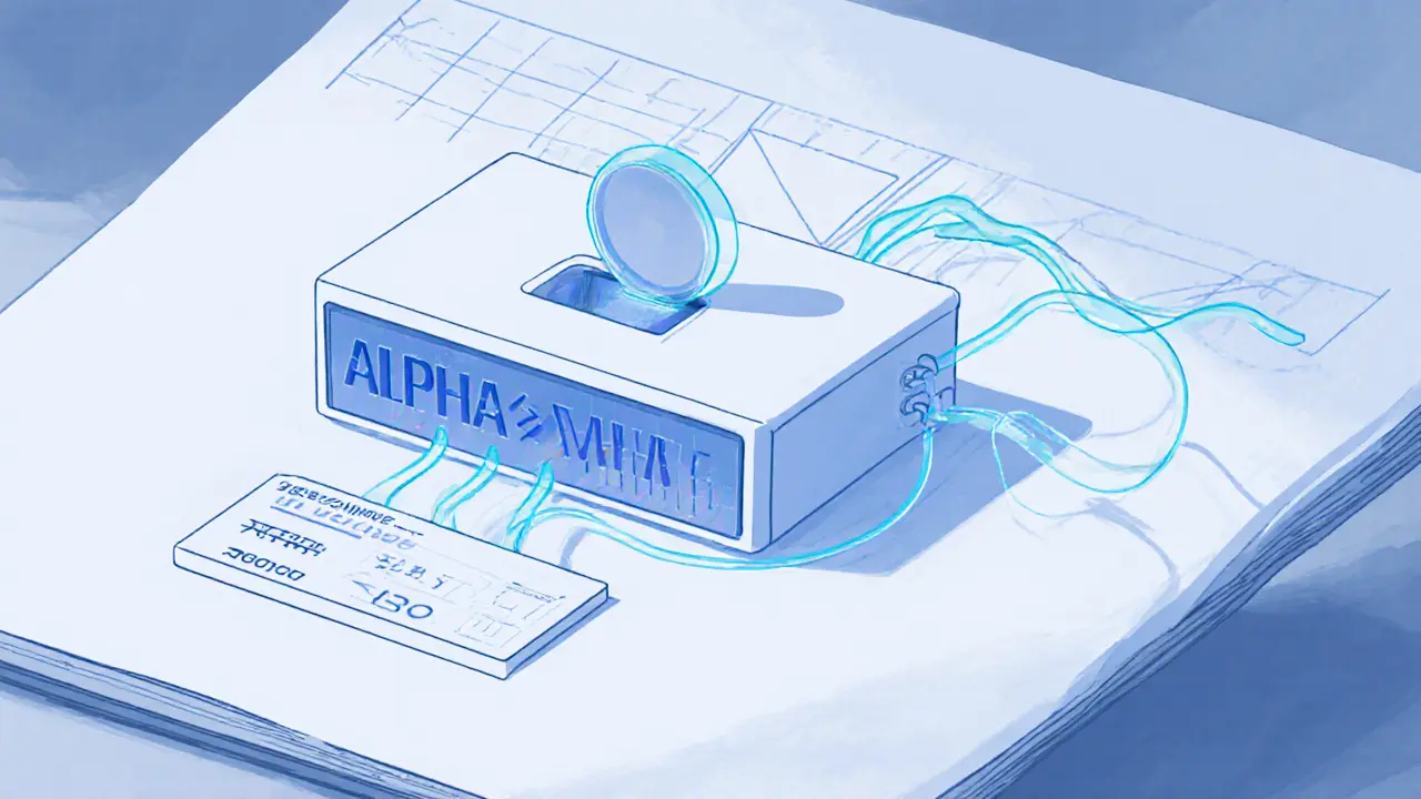 Minimalist tabletop device representing a decentralized exchange slot for a token.