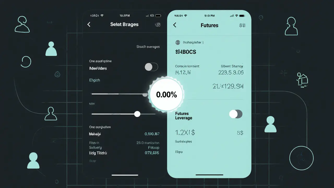 Mobile app mockup comparing spot and futures trading with 10x leverage and low user indicators.