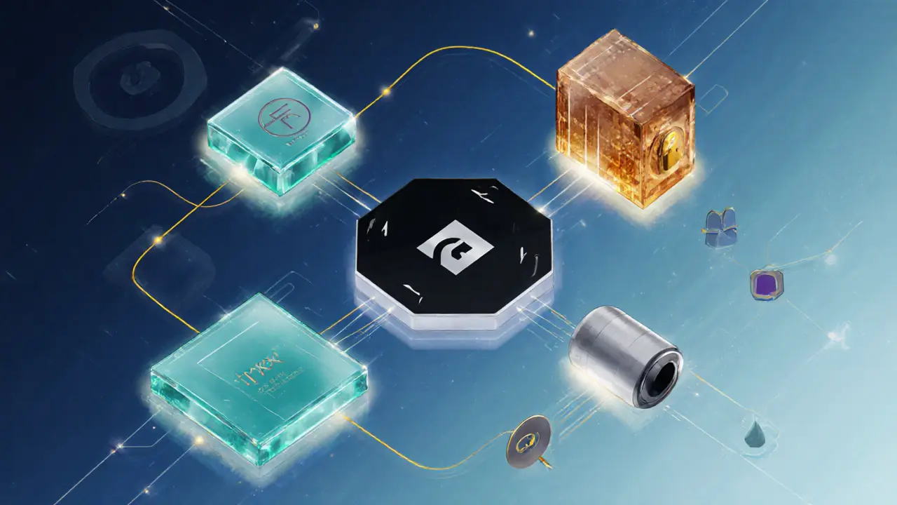 Product sketch of FRXETH ecosystem hub with connected modules for liquidity, vault, insurance and DeFi.