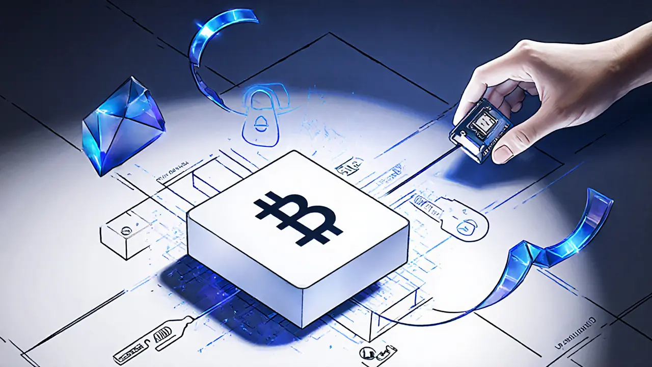 Sketch of a blockchain block with elliptic‑curve key symbols illustrating digital signature flow.