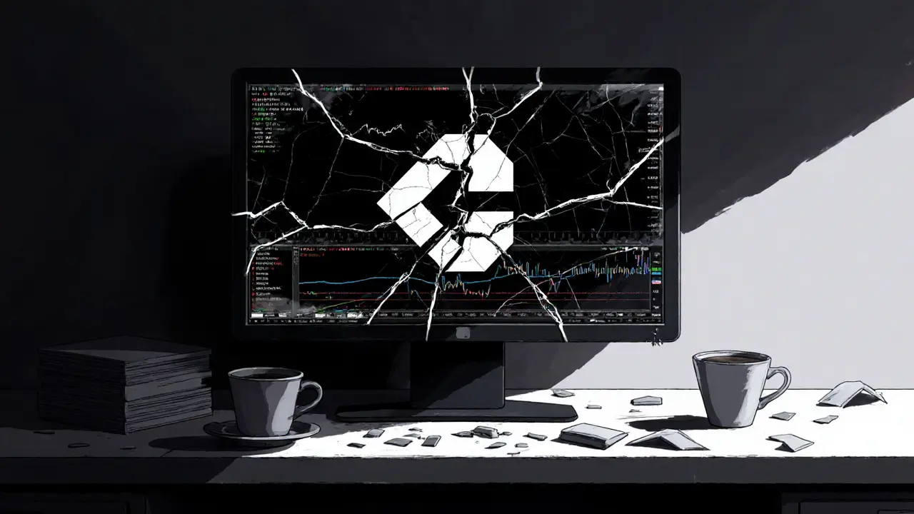 Sketch of a broken exchange terminal with a cracked screen and empty graphs.