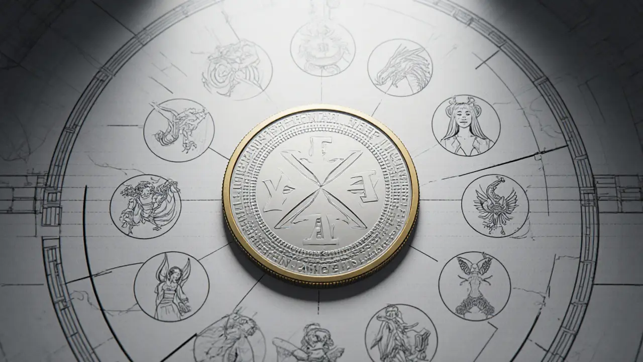 Sketch of a circular FARA token surrounded by minimalist fantasy race icons on a blockchain‑styled grid.