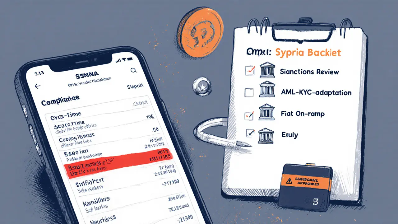 Sketch of a compliance toolkit showing OFAC API, checklist, and hardware wallet.