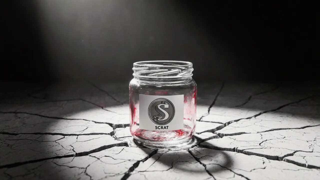 Sketch of a fragile glass jar with SCRAT icon, cracking on a barren surface.