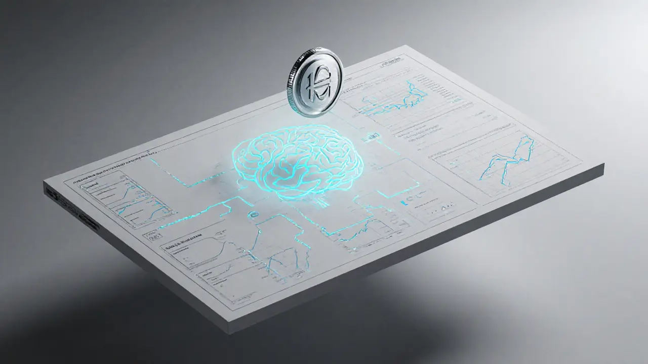 Sketch of a futuristic AI trading dashboard linked to a CROW coin icon.