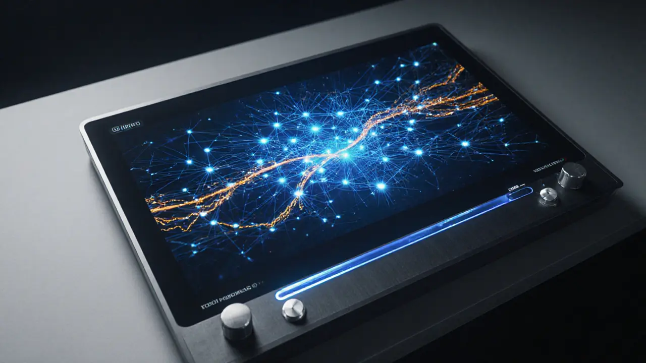 Sketch of a futuristic analytics console displaying glowing blockchain nodes and transaction lines.