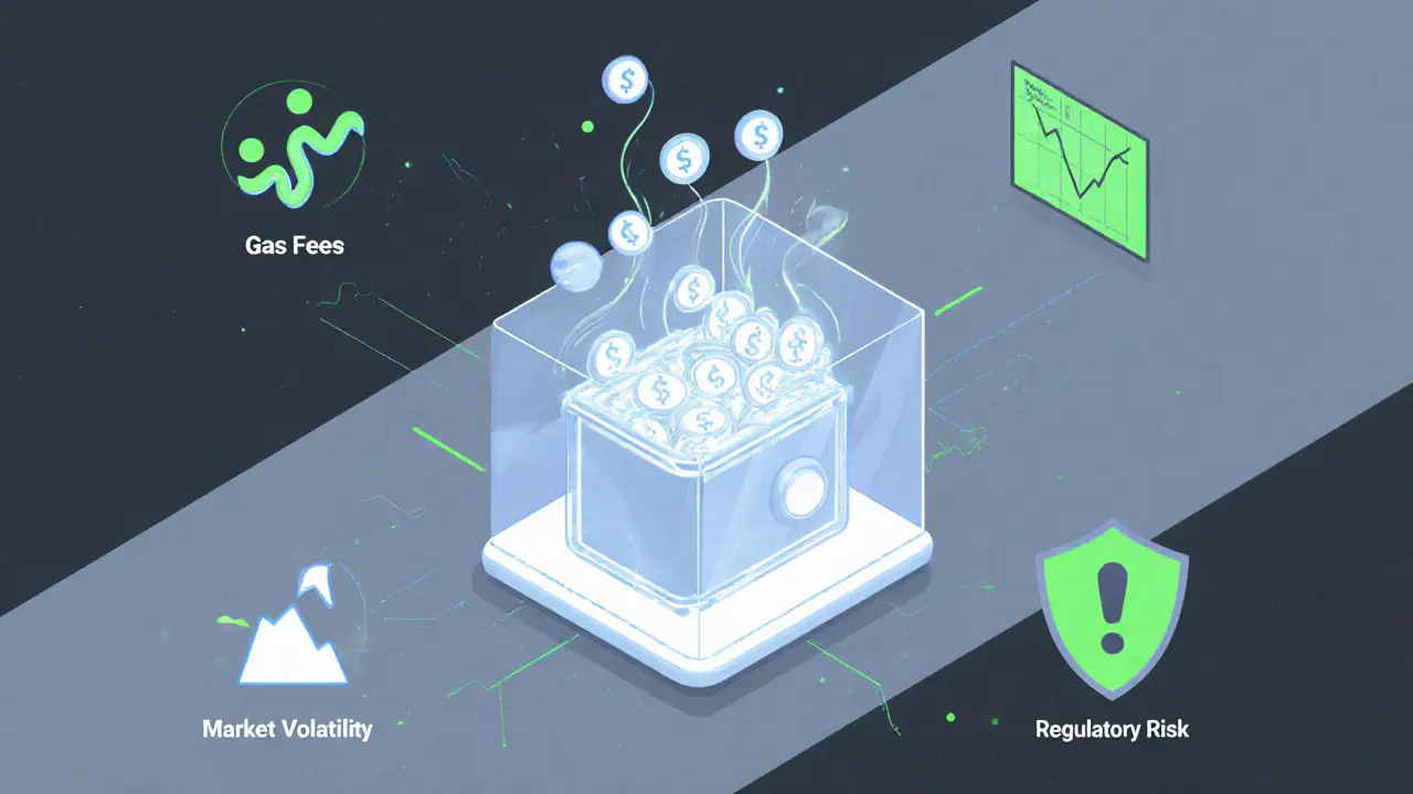 Sketch of a glowing wallet receiving tokens with risk and fee icons.