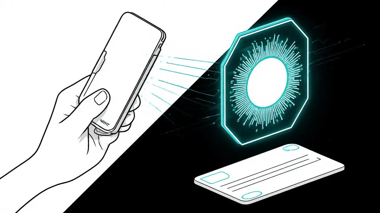 Sketch of a hand connecting a sleek wallet to a digital interface for signing and address entry.
