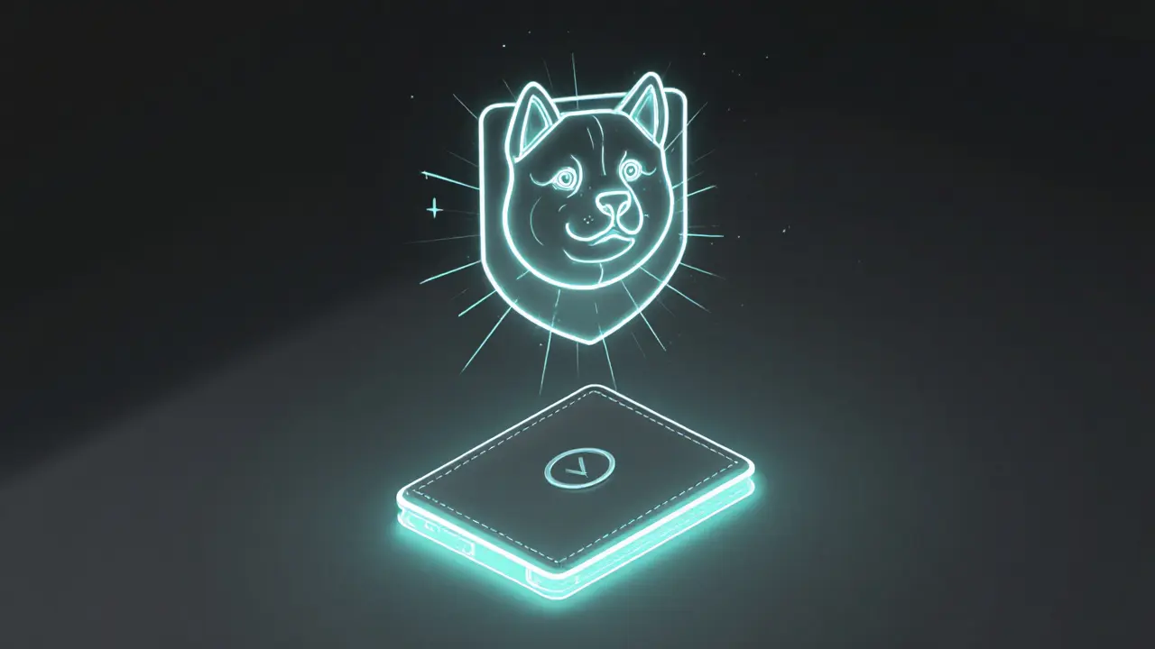 Sketch of a holographic NFT badge hovering over a digital wallet.