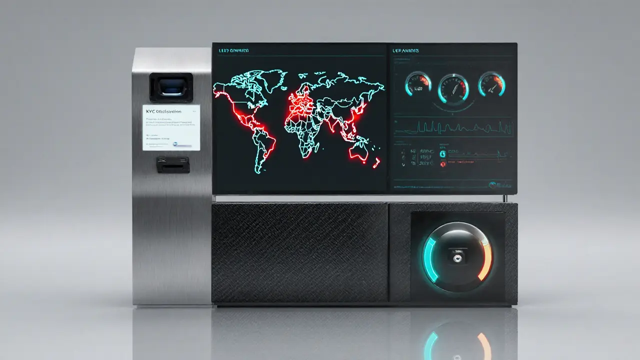 Sketch of a modular compliance workstation with KYC scanner, geolocation map, and risk dashboard.