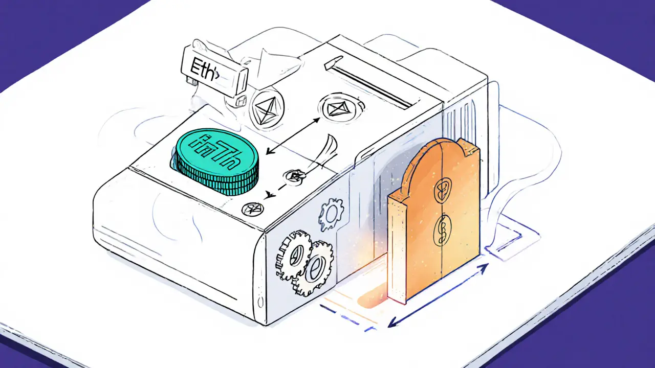 Sketch of a modular device illustrating ETH to frxETH to sfrxETH conversion with arrows and gears.