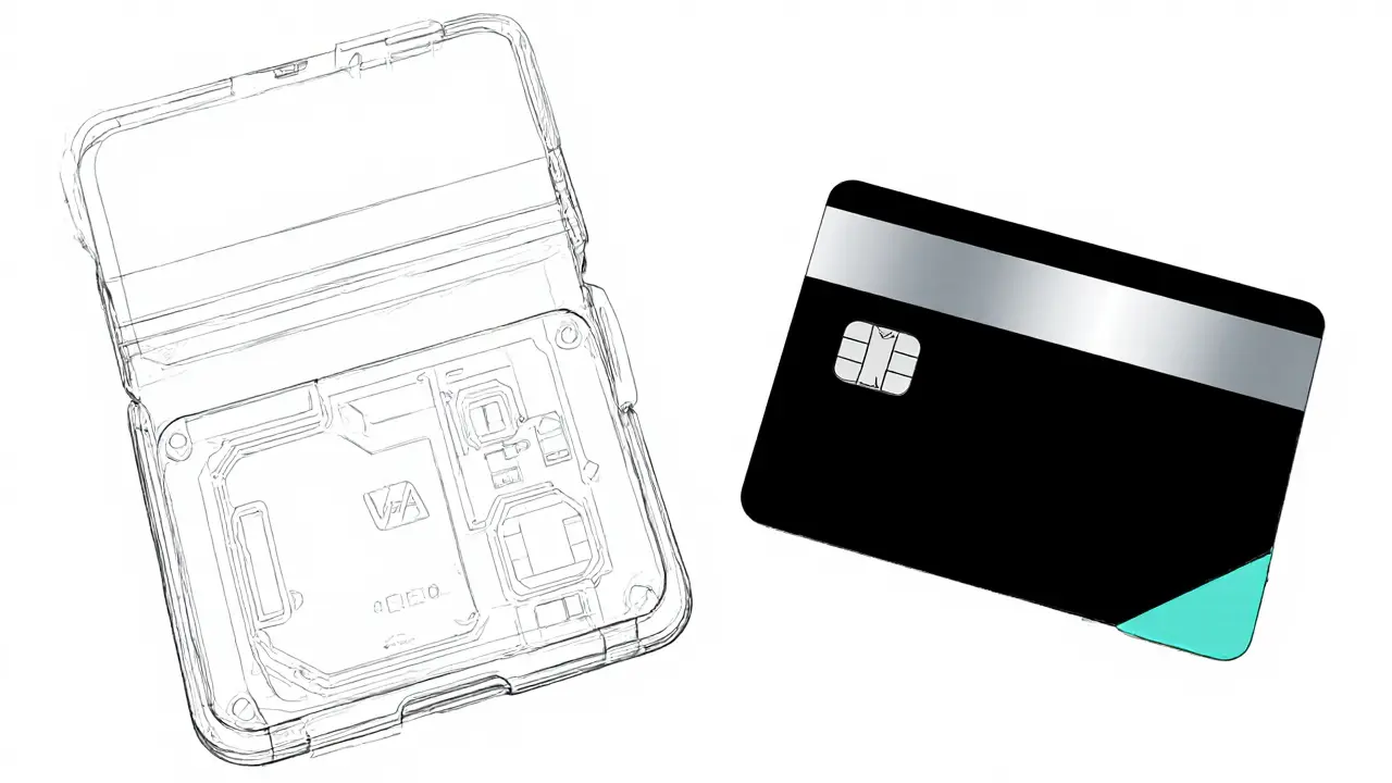 Sketch of a sleek crypto hardware wallet paired with a VRA debit card.