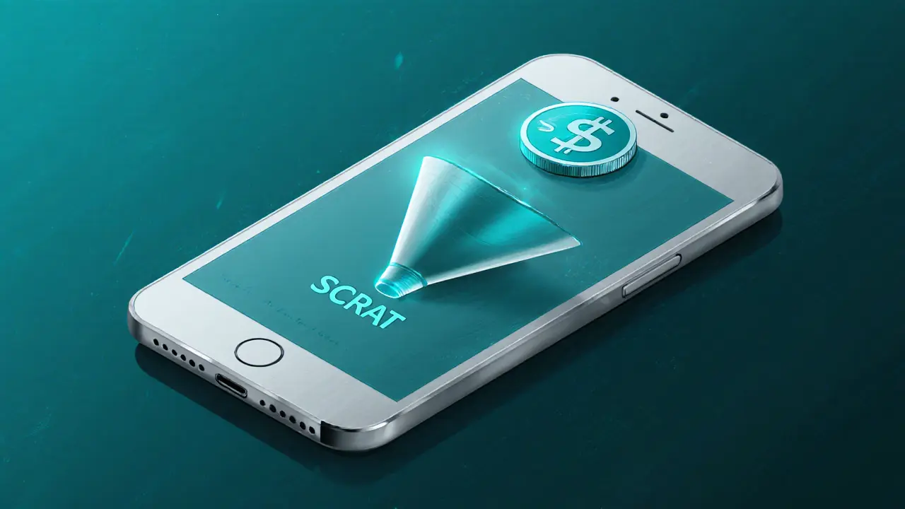 Sketch of a sleek Solana wallet screen swapping SCRAT token with a thin funnel.