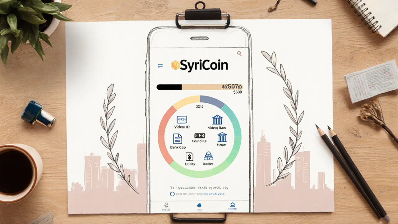 Sketch of a Syrian crypto app mockup with 0 limit and verification steps.