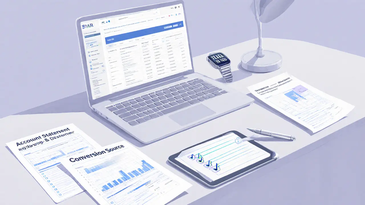 Sketch of an accountant&#039;s desk with a laptop, tablet, and checklist for crypto FBAR steps.