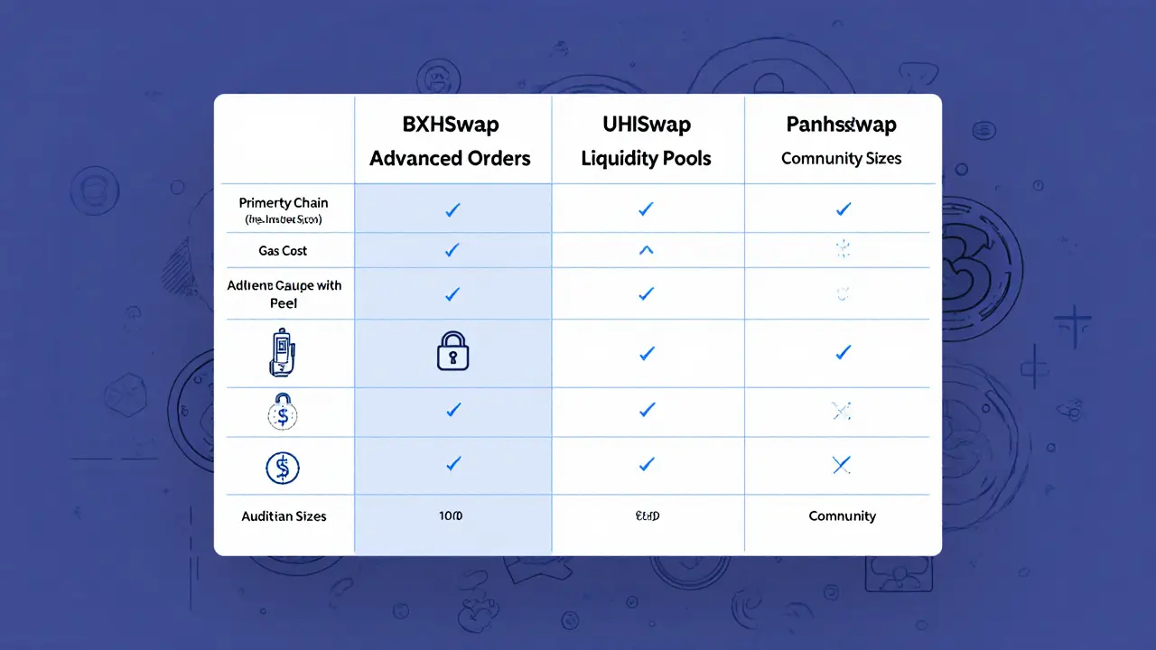Sketch of comparison table highlighting BXHSwap versus Uniswap and PancakeSwap.