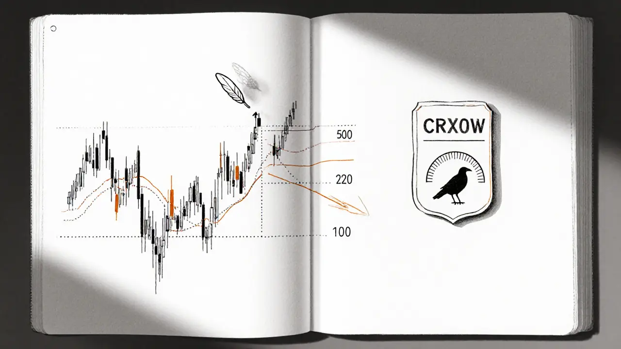 Sketch of CROW market chart with SMA lines, RSI gauge, and exchange listing badge.