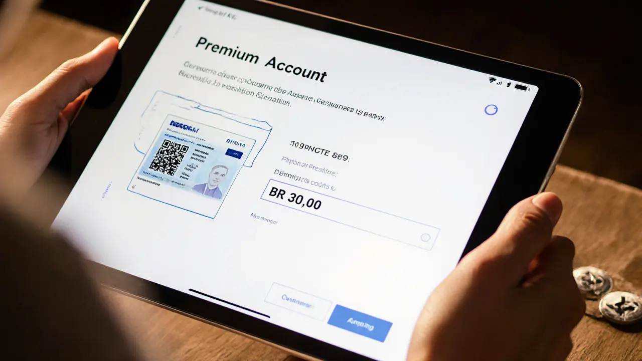 Sketch of premium account signup with KYC fields and large deposit input.