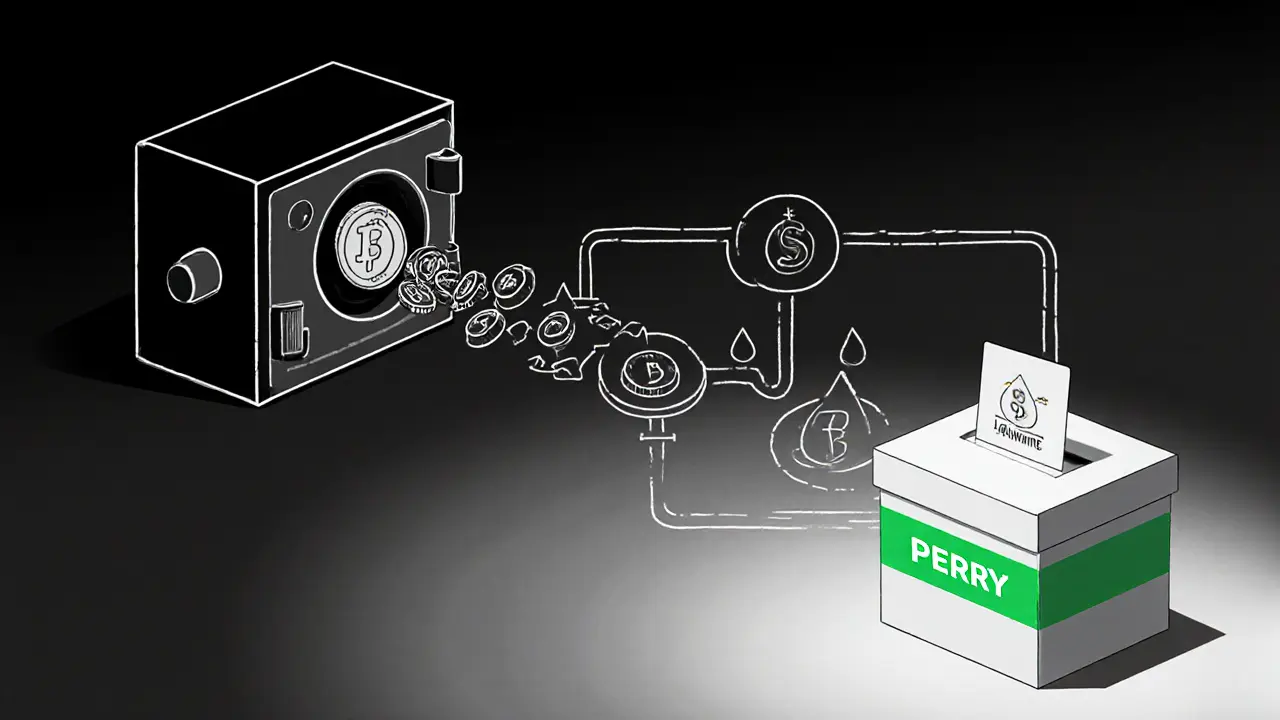 Sketch of staking vault, liquidity pool, and governance ballot for future rewards.