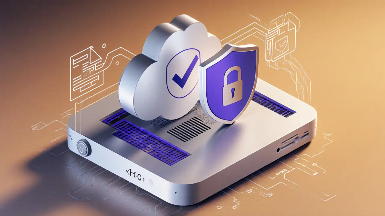 Sketch of two badge devices for compliance and security over a cloud storage module.