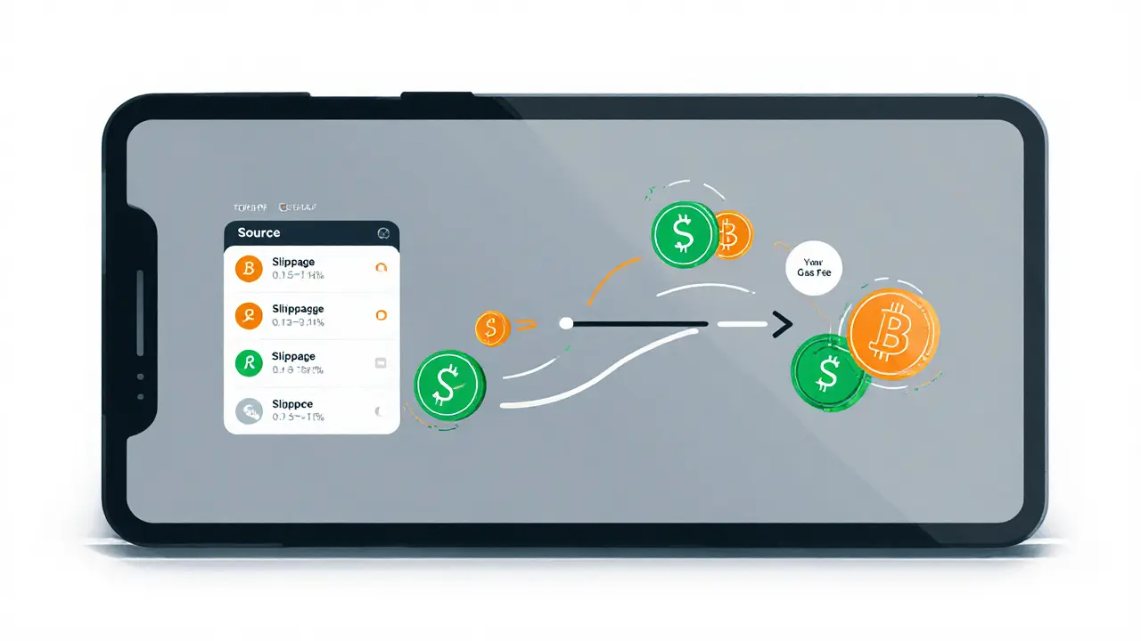 Sketch showing token swap process with slippage slider and moving coins.