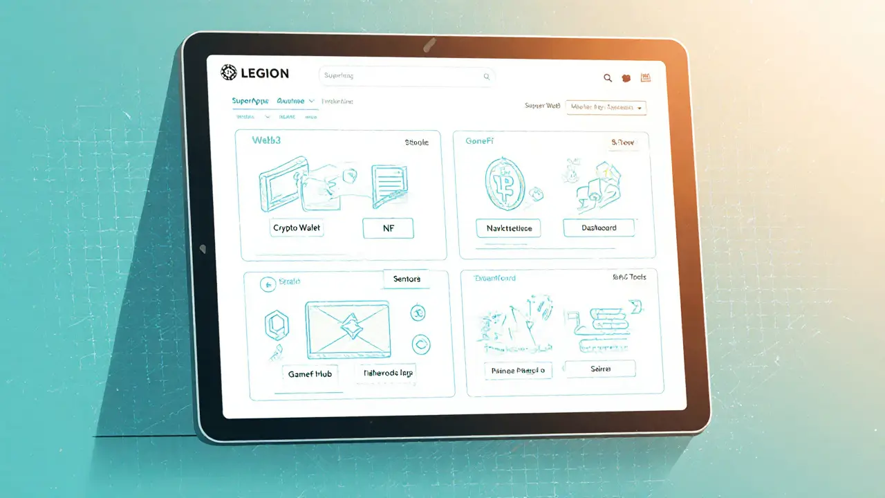 Tablet dashboard displaying wallet, NFT marketplace, GameFi hub, and SaaS tools.