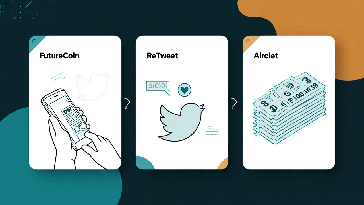 Three‑panel sketch showing wallet connection, retweet, and lottery tickets.