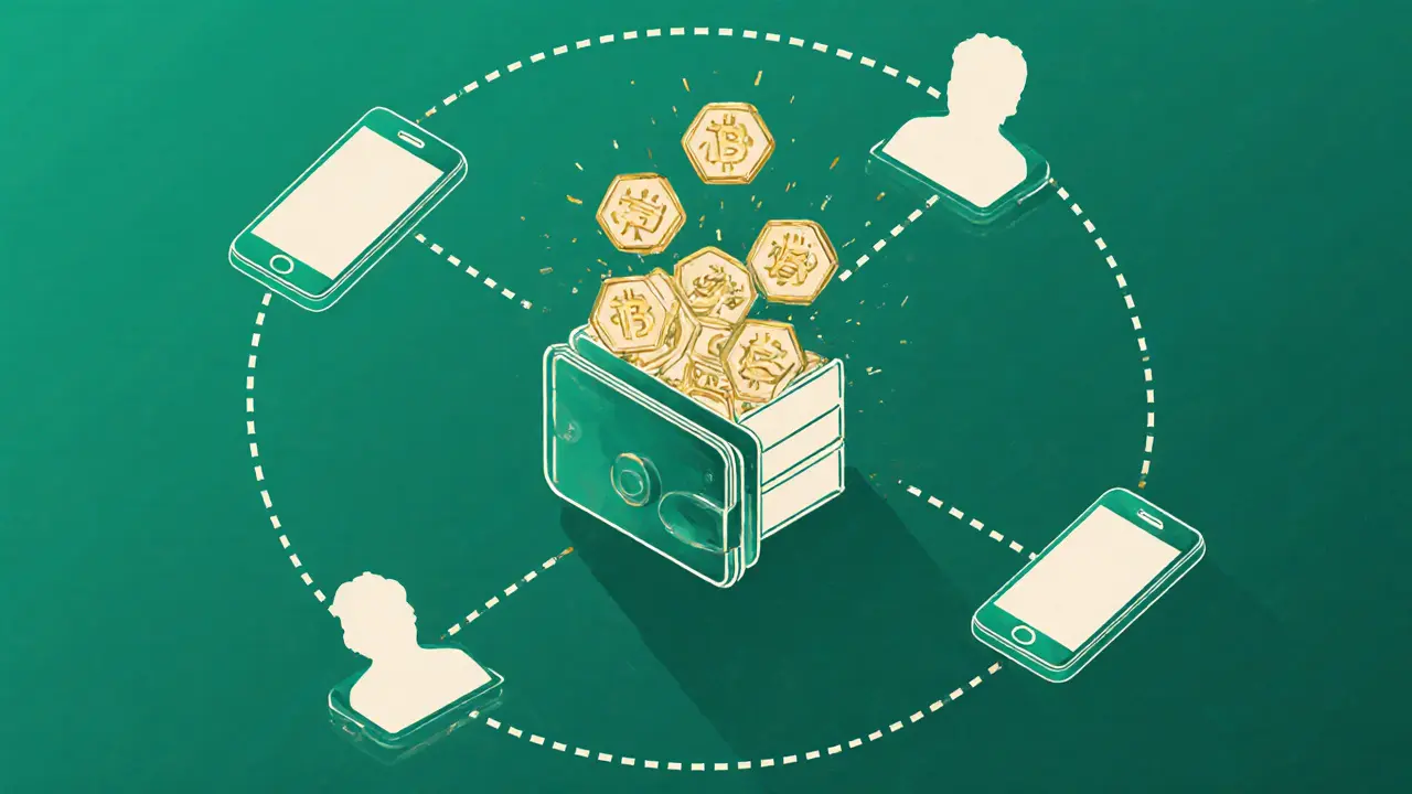 Wallet spilling LGX tokens surrounded by phones representing referrals.