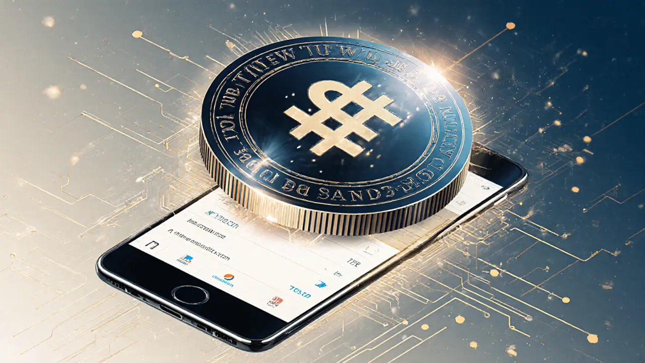 A glowing TWD-backed stablecoin token floating above a bank app interface.