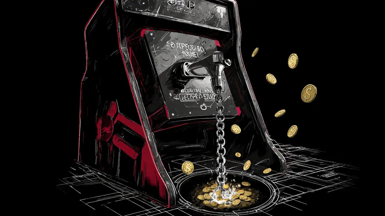 A mechanical trapdoor sketch revealing a rug pull draining crypto coins into a black hole.