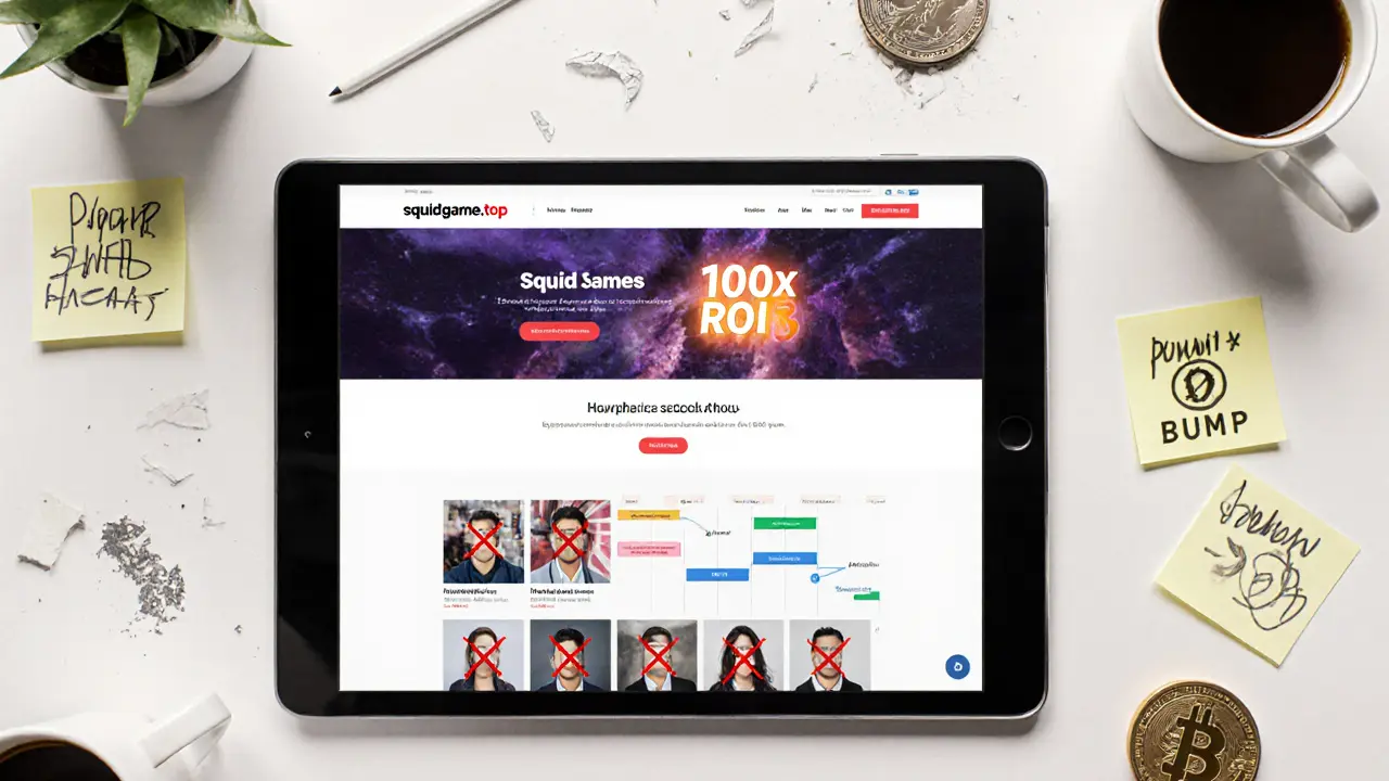 A mockup of the fraudulent squidgame.top website with fake team photos and misleading ROI claims.