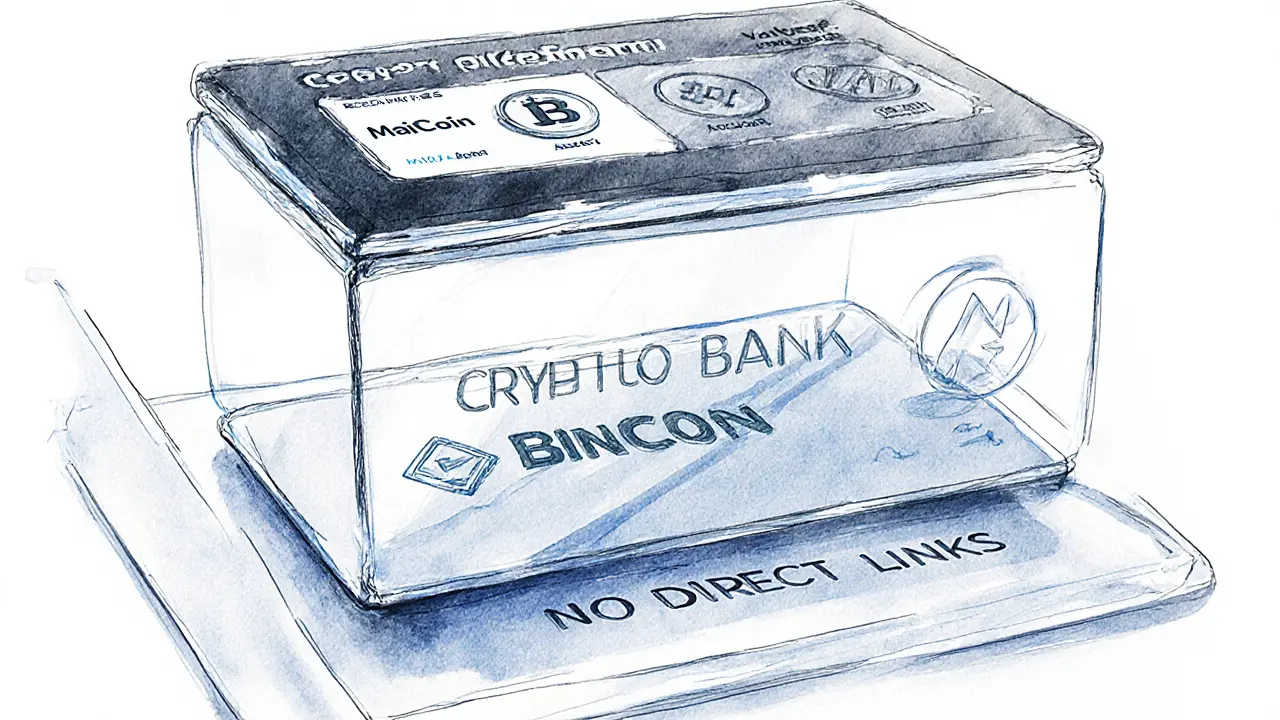 A wallet interface showing a glass wall separating bank accounts from crypto platforms.