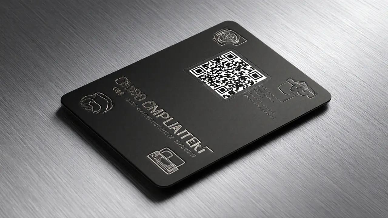 Compliance card with QR code to licensed issuer list, embedded NFC chip.