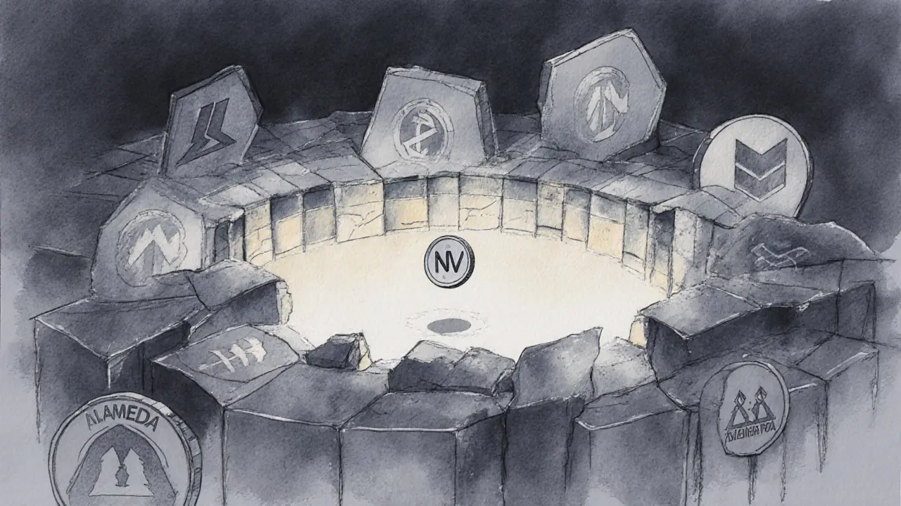 Crumbling liquidity pool with fading investor logos and a lone NRV token in isolation.