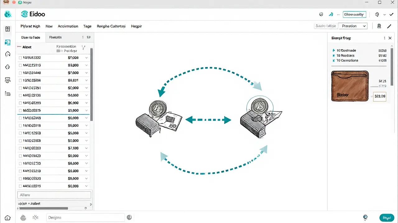 Desktop interface sketch showing peer-to-peer crypto trade flow between users