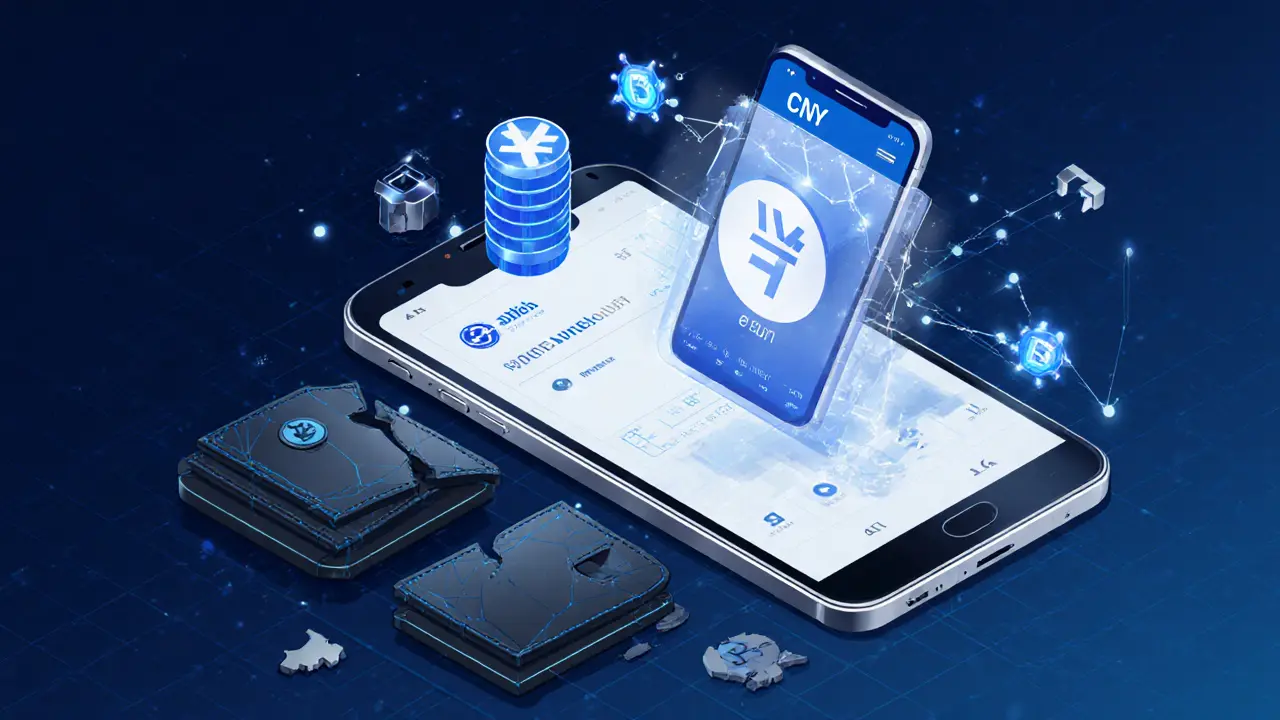 Digital yuan payment interface with shattered crypto icons beneath, under state control.