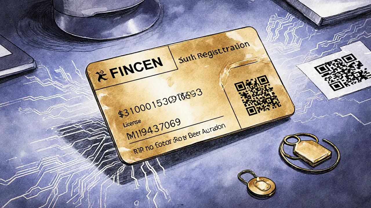 Dual regulatory license badges with encrypted data streams and 2FA icons in technical design.