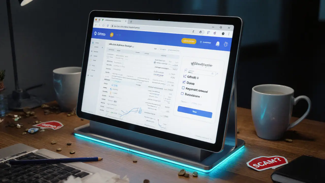 Dual-screen desktop stand showing verified blockchain checklist and warning sticker