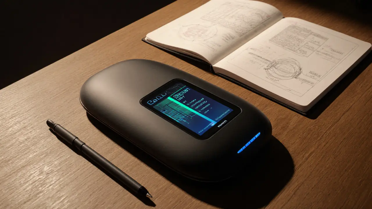 Futuristic oval wallet device displaying WRT yield metrics on a wooden desk with notebook and stylus.