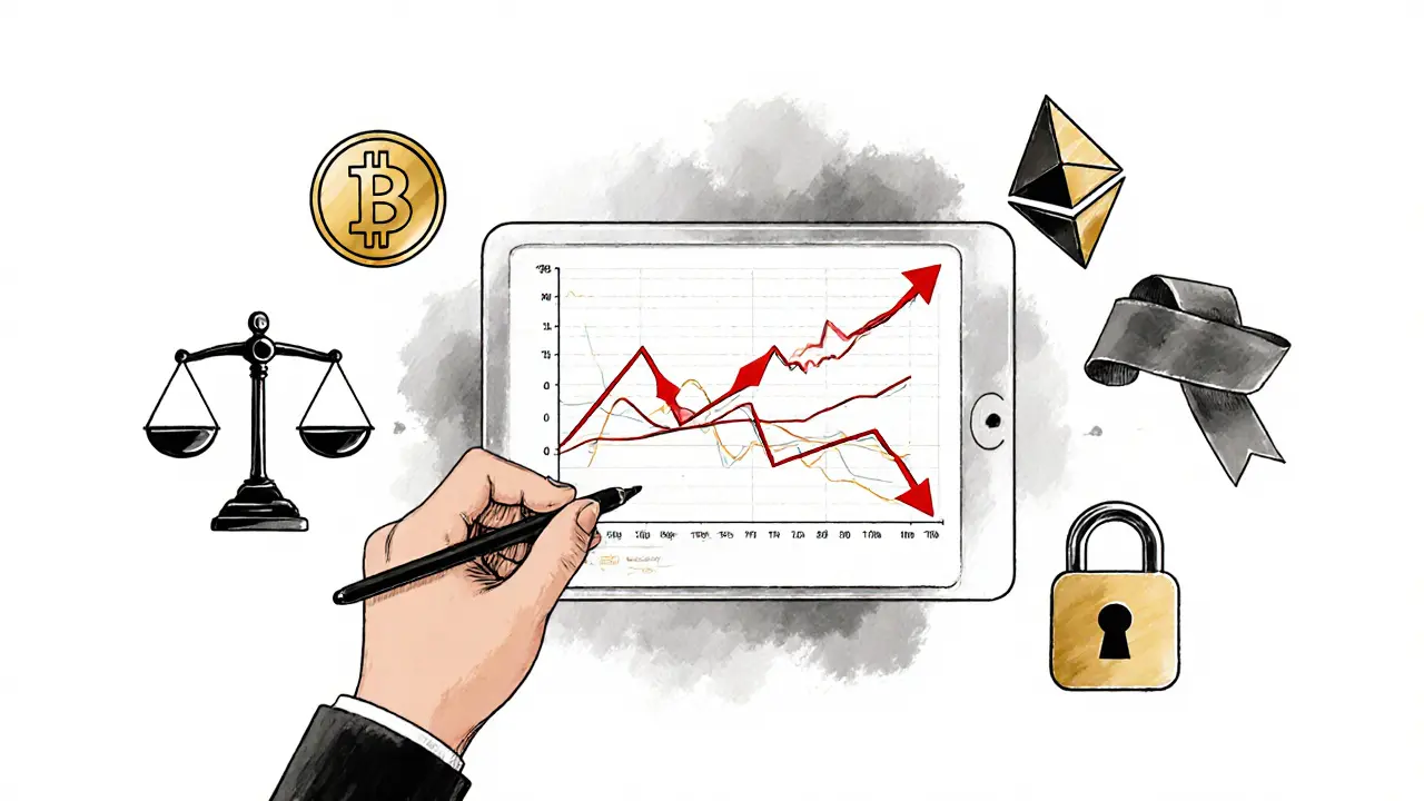 Hand holding a stylus over a tablet showing Bitcoin and Ethereum price curves with directional arrows and asset balance icons.