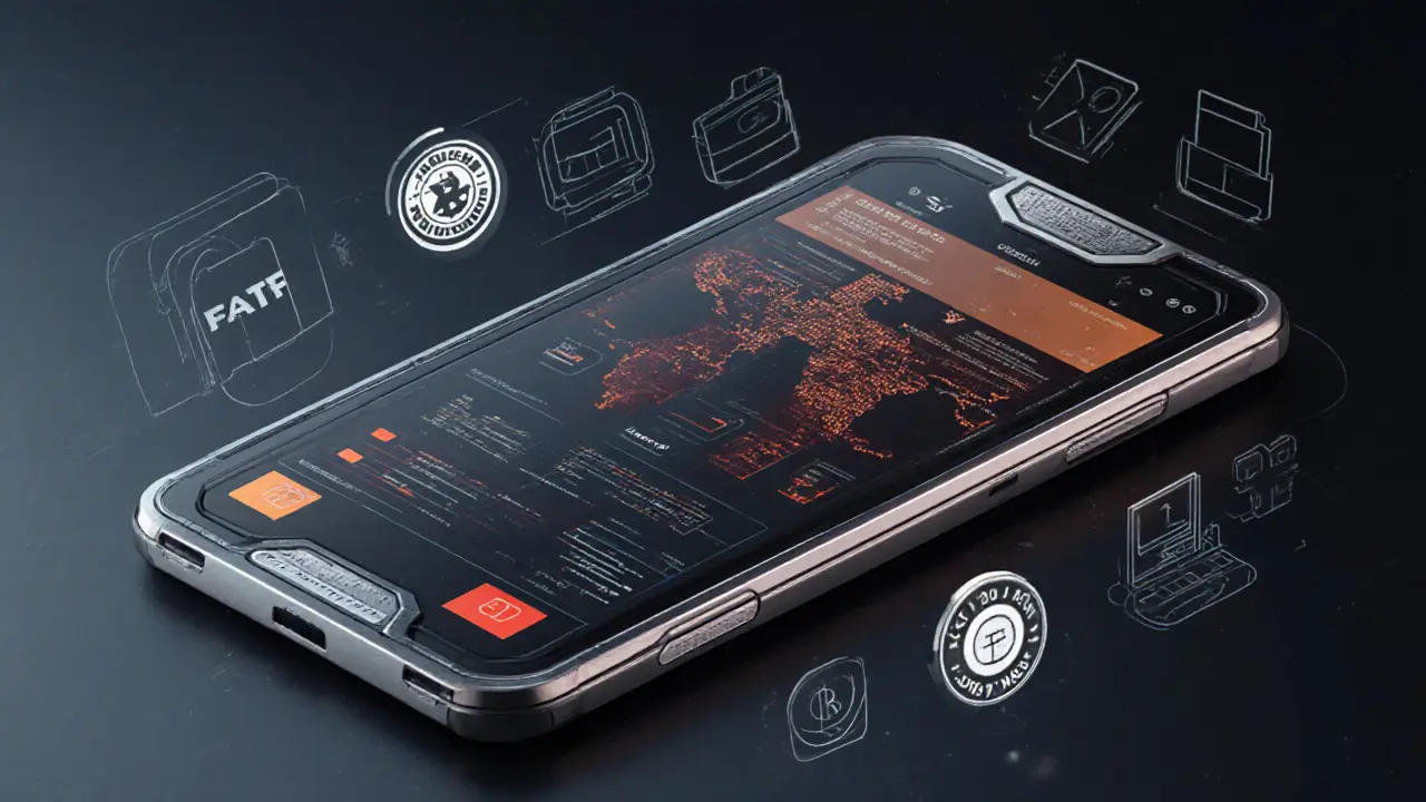 Handheld regulatory dashboard displaying global crypto flows with alert indicators for unverified wallets.