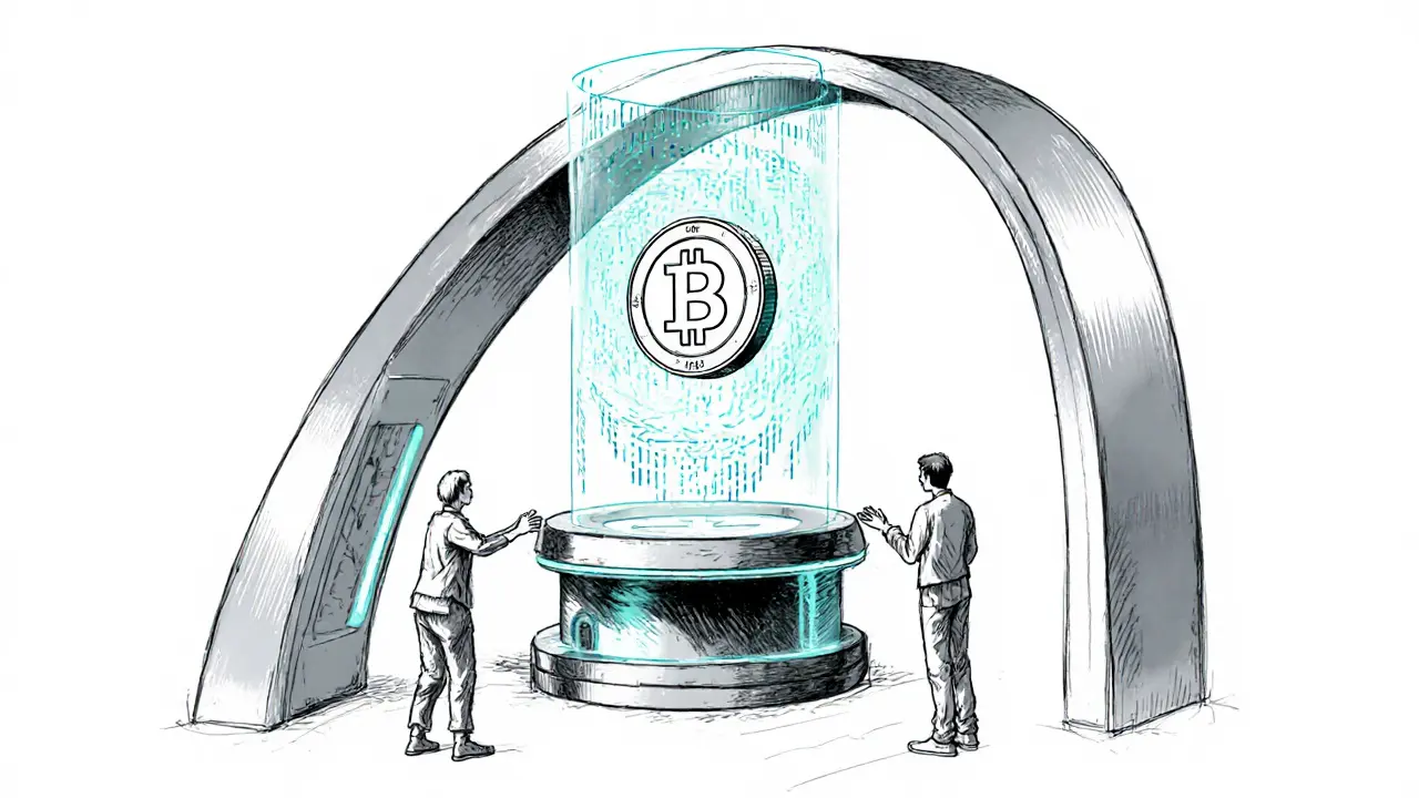 Holographic claim kiosk with suspended DES token and users reaching toward it