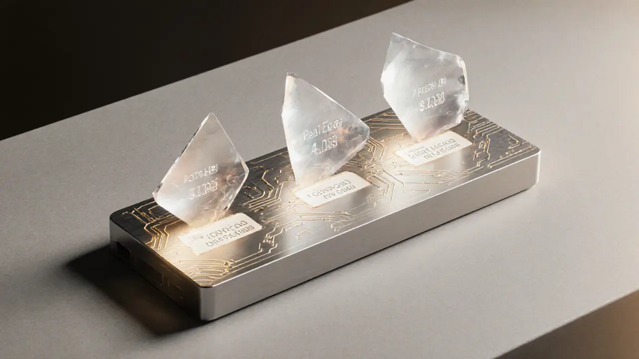 Holographic tokenized asset portfolio widget with geometric shards representing bonds and real estate.